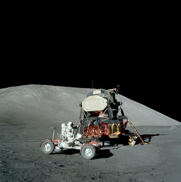 Apollo 17 Cernan test-driving the LRV near the LM (NASA)